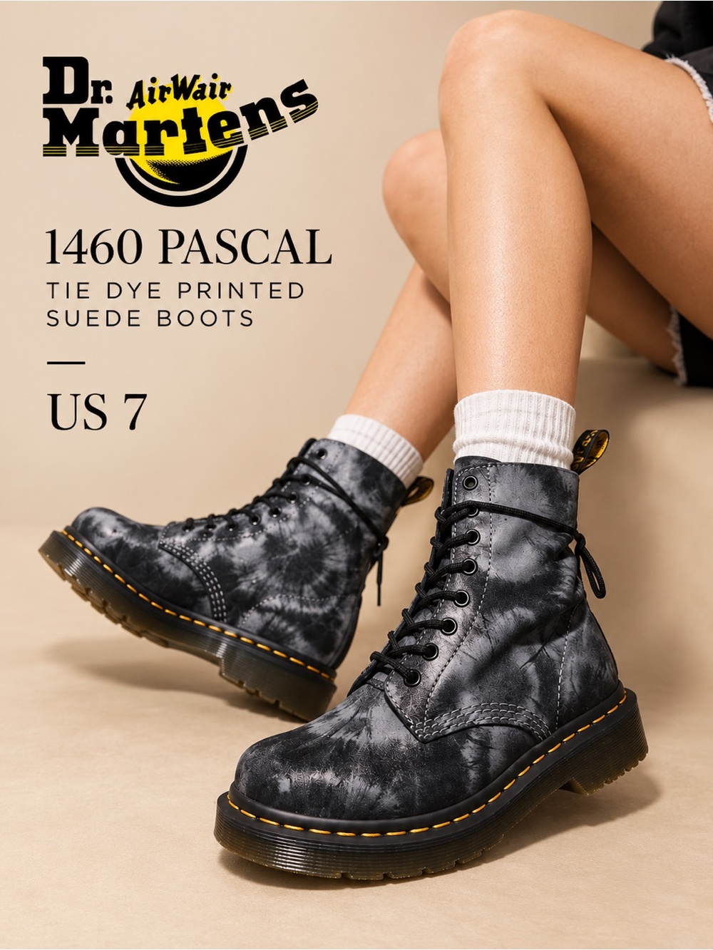 Dr. Martens 1460 Pascal Tie Dye Printed Suede Boots Black Gray Women’s 7